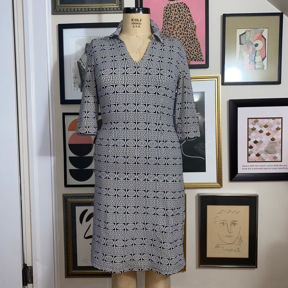 J.McLaughlin Womens Size Small Dress Navy Blue Geometric Print V Neck Collared - Picture 3 of 5